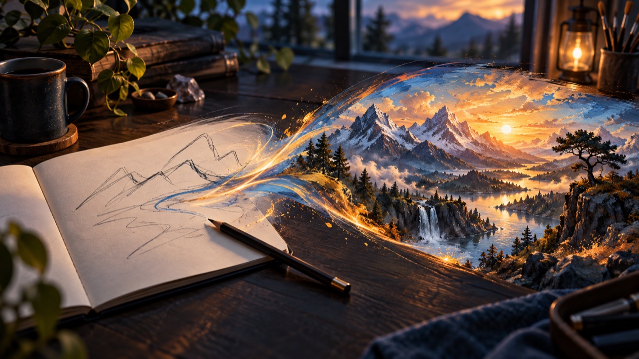 A pencil sketch flows into a painted mountain landscape on an artist's desk.