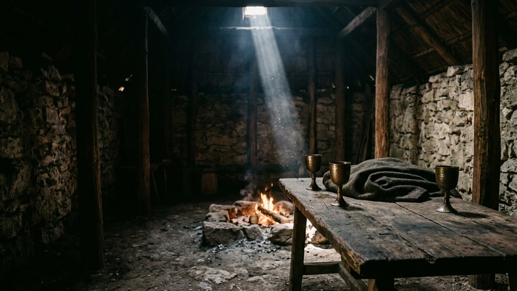 A dim stone hall lit by a single shaft of light, with a long wooden table and bronze vessels