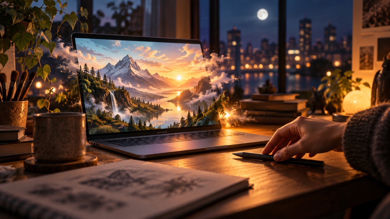 An artist reaches toward a laptop displaying a luminous mountain landscape.