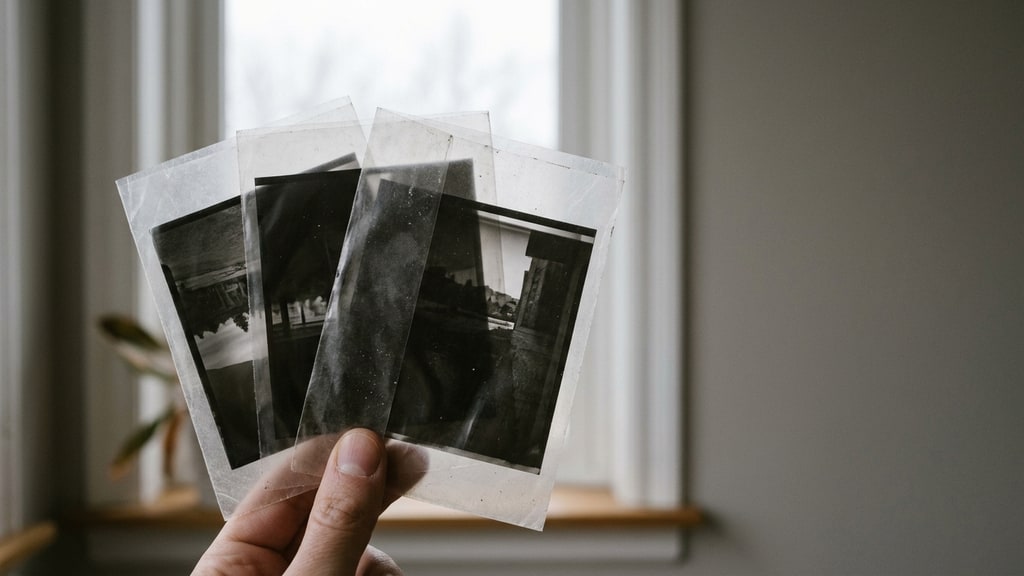 Sheets of film negatives in glassine sleeves held up toward a window in flat daylight
