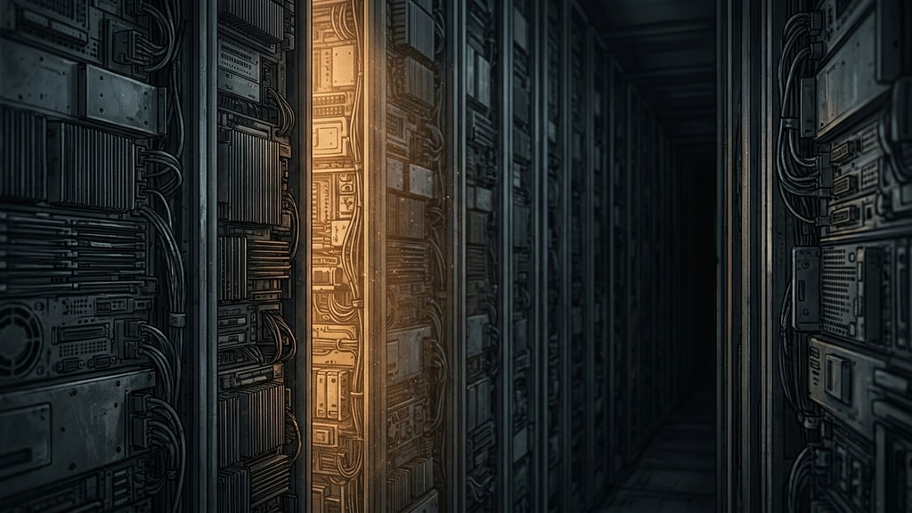 An abstract data-center corridor of dark server racks lit by thin amber light paths