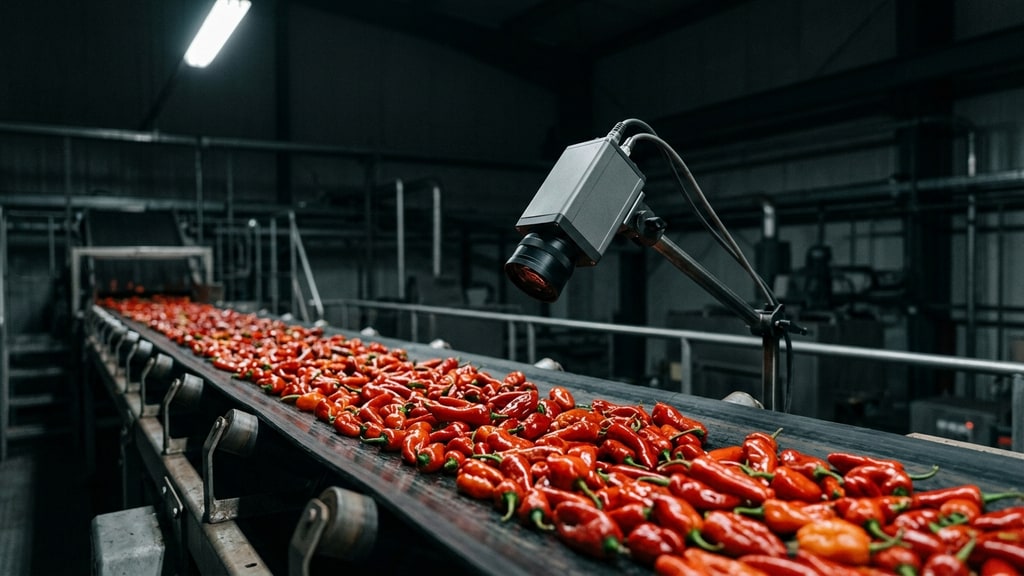 An industrial inspection camera on an arm above a conveyor of red chili peppers, lit by a single cold factory light