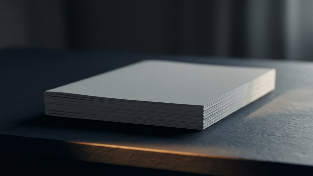 Editorial illustration: a long bound document open on a table with a single page marked, a pen resting across the gutter, and a blurred photograph cabinet in the background.