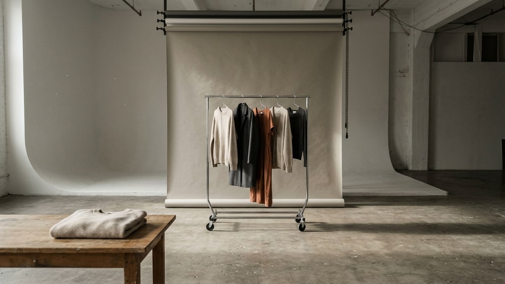 An empty fashion photo studio: a rolling rack of garments, a seamless paper backdrop and one softbox throwing a long shadow across concrete