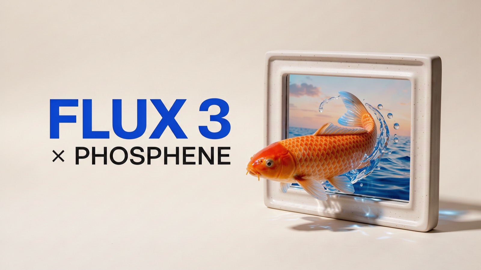 FLUX 3 × PHOSPHENE lettering beside an orange koi swimming out of a ceramic picture frame.