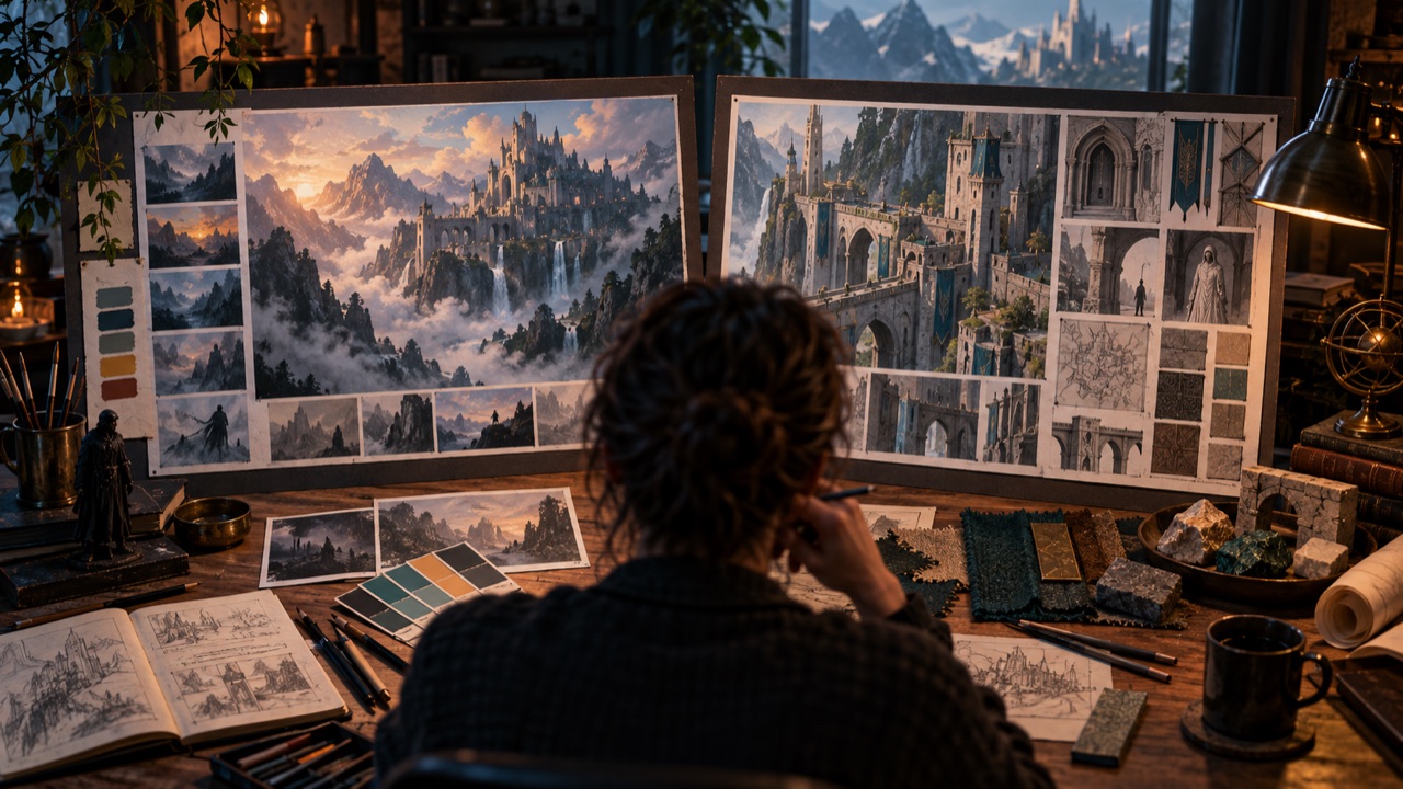 An art director studies two moodboards for a mountain city scene.
