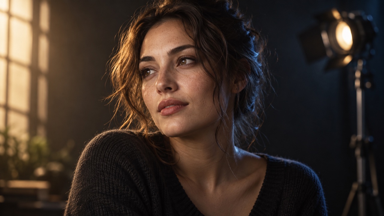 A portrait subject looks toward warm window light in a dark studio.