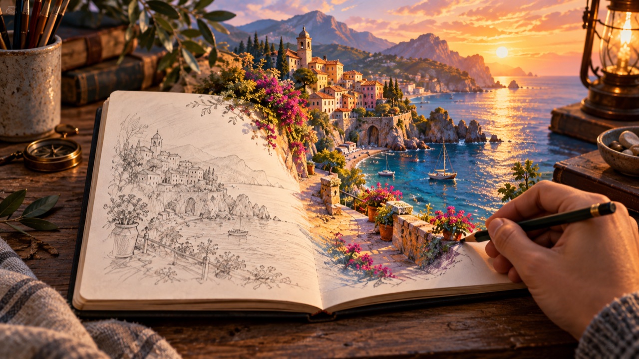 A coastal village painting emerges from a pencil sketch in an open notebook.