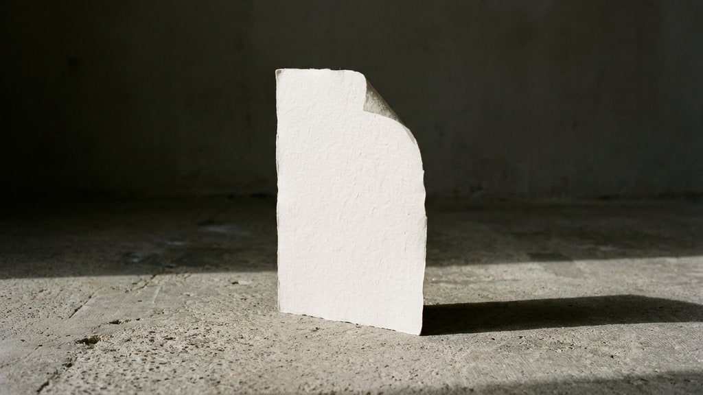 A single sheet of pale paper standing upright on a bare concrete floor, long shadow, hard studio light