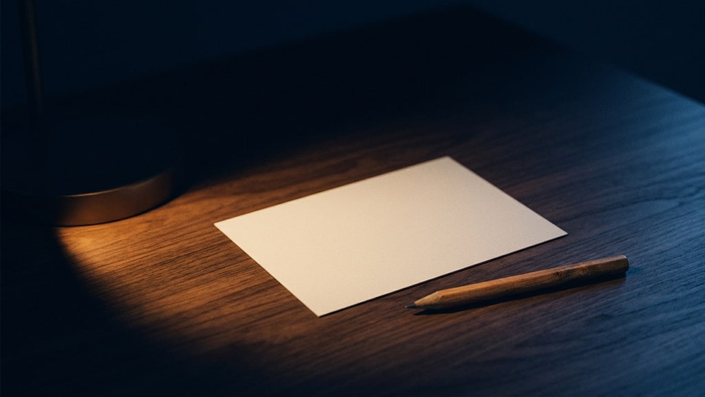 Editorial illustration: a desk with a stack of index cards laid out in a sequence, one card pulled forward under a lamp, the rest still face down.