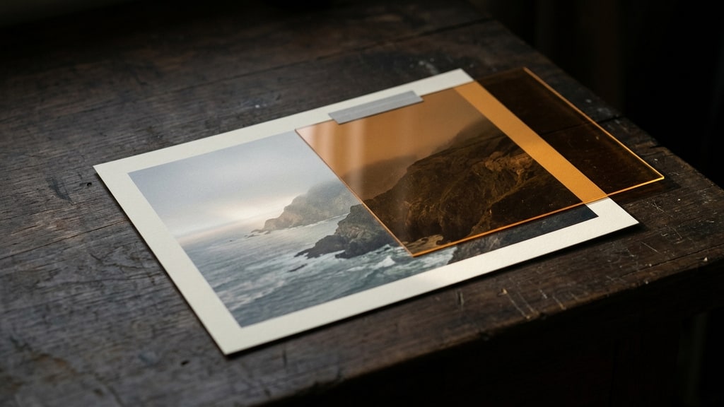 A matte coastal landscape print on a dark wooden bench, with a sheet of translucent amber film covering one corner of the print.