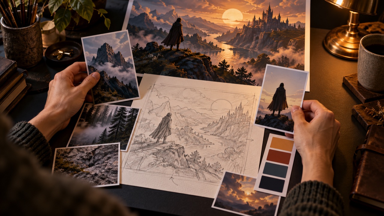 An artist arranges sketches and visual references for a scene.