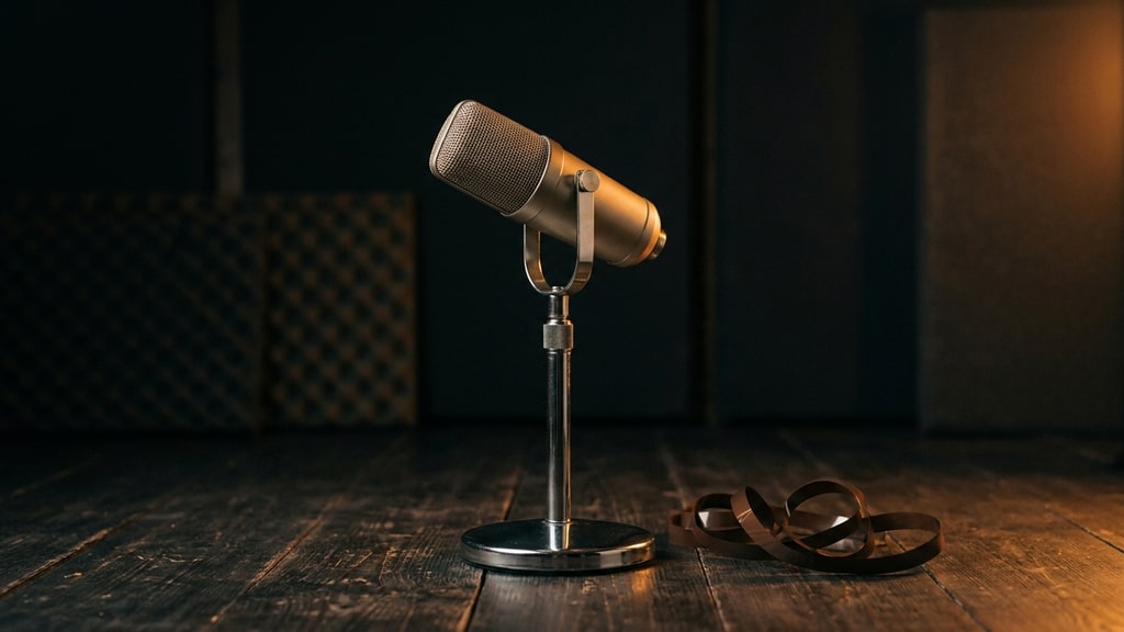 A vintage condenser microphone on a stand in a dim studio, with a loose strip of magnetic tape curling across the floor beside it.