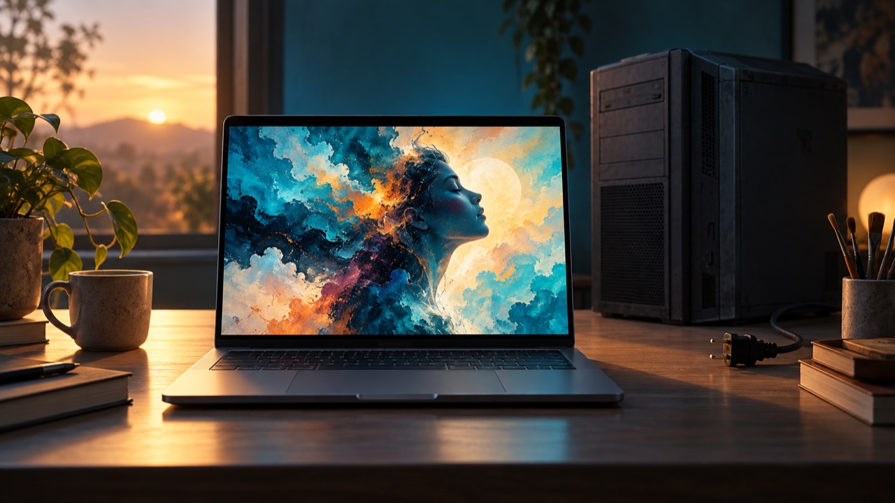 A laptop displays abstract artwork beside an unplugged desktop computer.