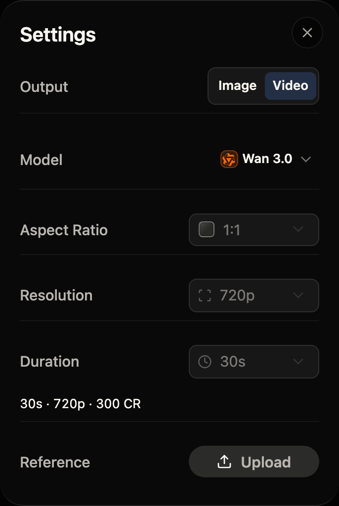 Phosphene Video settings with Wan 3.0 selected, a 30-second duration, 720p resolution, and a 300-credit quote.