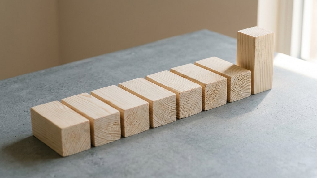 A row of small wooden blocks falling in sequence across a lit table, one still upright at the end