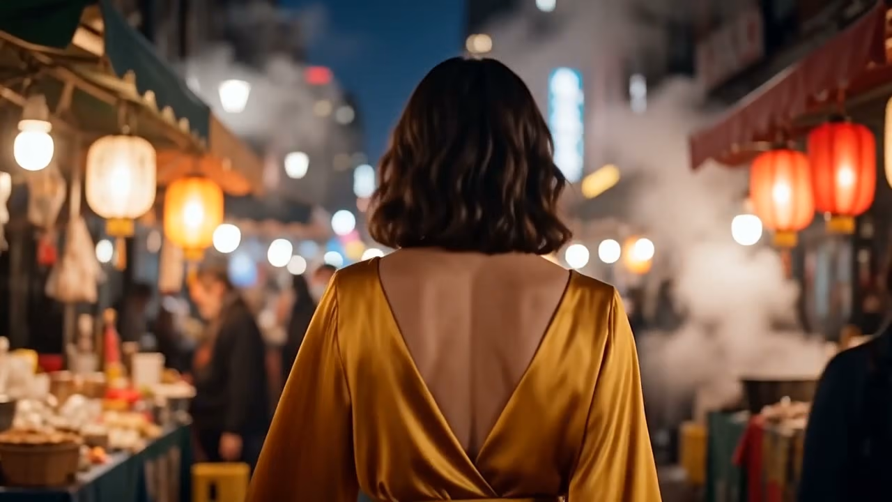 A dancer in a saffron silk dress walking through a night market