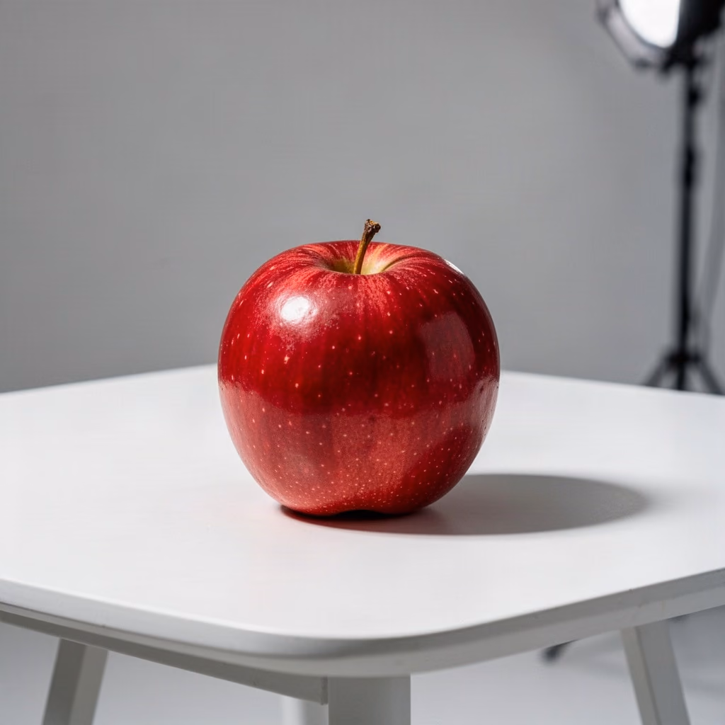 A red apple on a white studio table
