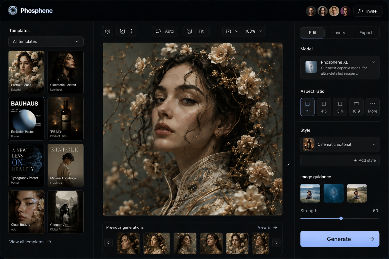 Phosphene template editor showing a portrait workflow, generation controls, and previous image results.