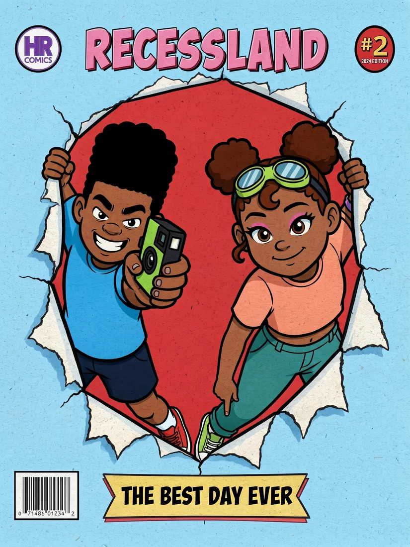 A comic book cover titled RECESSLAND with two kids bursting through torn paper and the banner THE BEST DAY EVER, a FLUX 3 Image sample published by Black Forest Labs