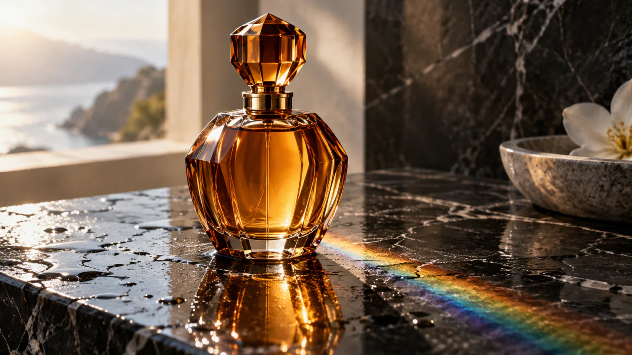 An amber glass perfume bottle on wet black marble with a thin rainbow of light, made with GPT Image 2.5 Sunburst