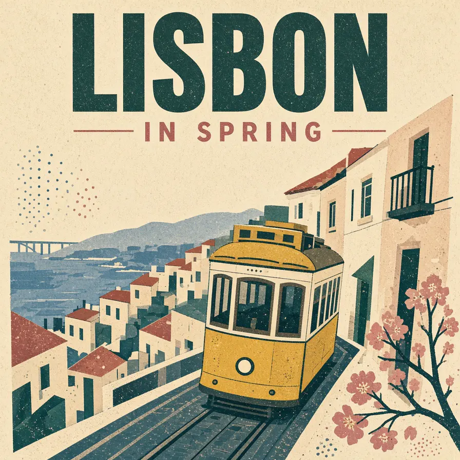 A risograph travel poster headlined "LISBON IN SPRING" with a yellow tram on a steep street, made with Grok Imagine Image 2.0