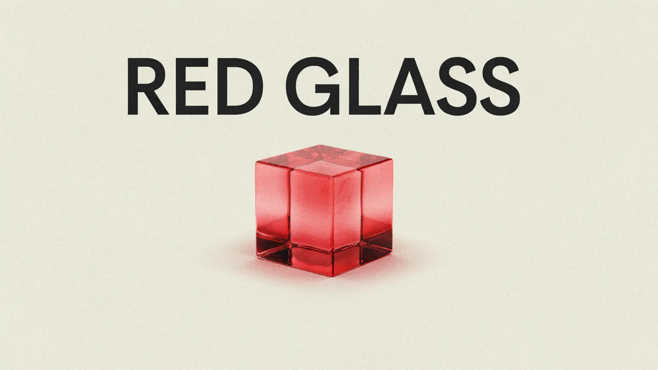 A gallery poster reading RED GLASS above a red glass cube