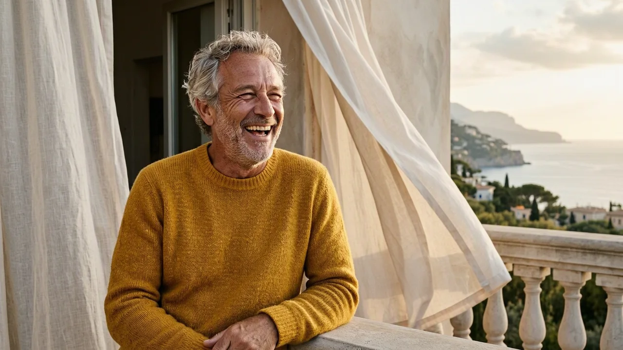 A candid portrait of an older man in a mustard sweater laughing on a sunlit balcony, made with MAI-Image 2.6