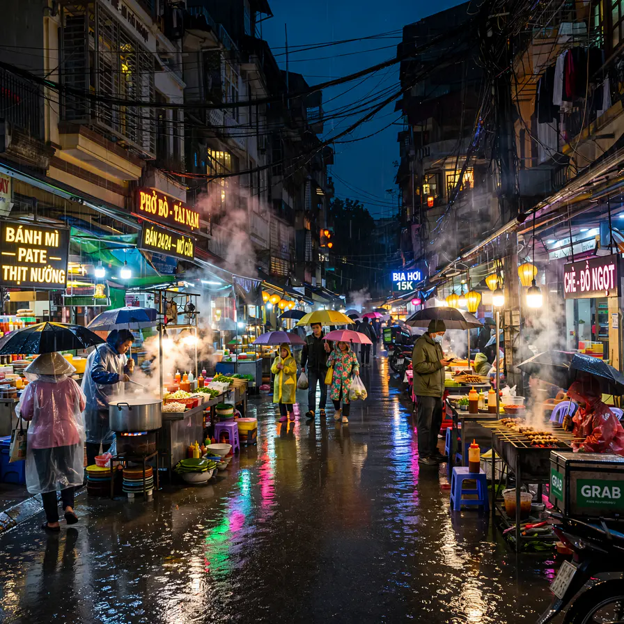 A rainy night street market in Hanoi with umbrellas, steaming food stalls and neon reflections, made with Muse Image