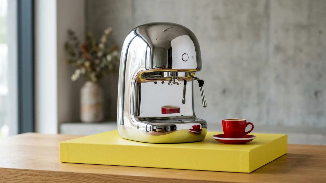 A chrome espresso machine on a lemon-yellow plinth with a red cup, made with Nano Banana 2