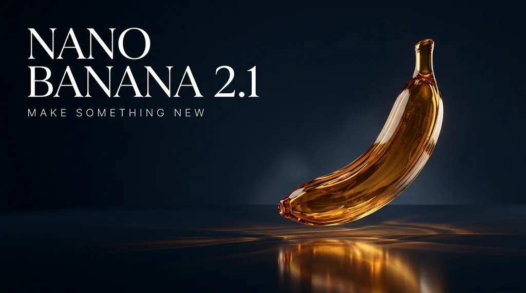 An amber glass banana on a dark studio backdrop under the title "NANO BANANA 2.1", made with Nano Banana 2.1