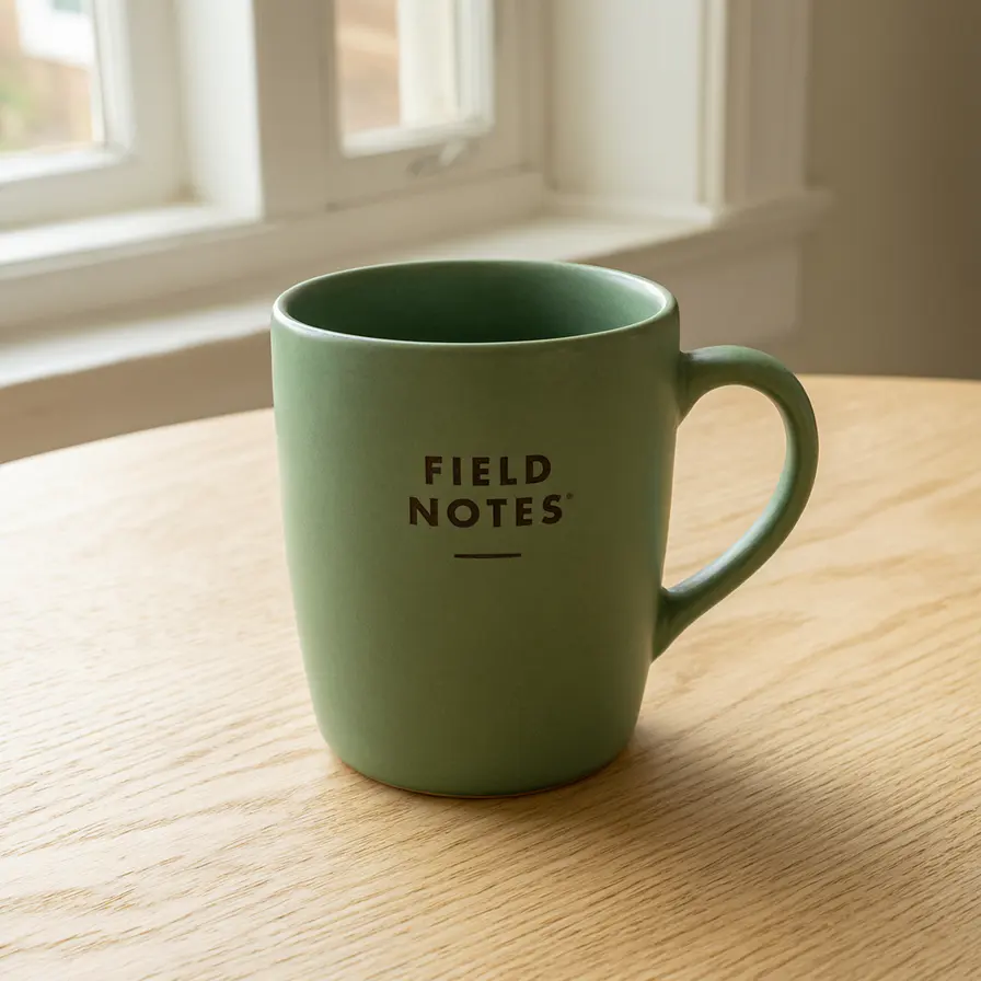 A matte green ceramic cup labeled "FIELD NOTES" on a pale oak table in morning light, made with Qwen Image 3.0 Pro