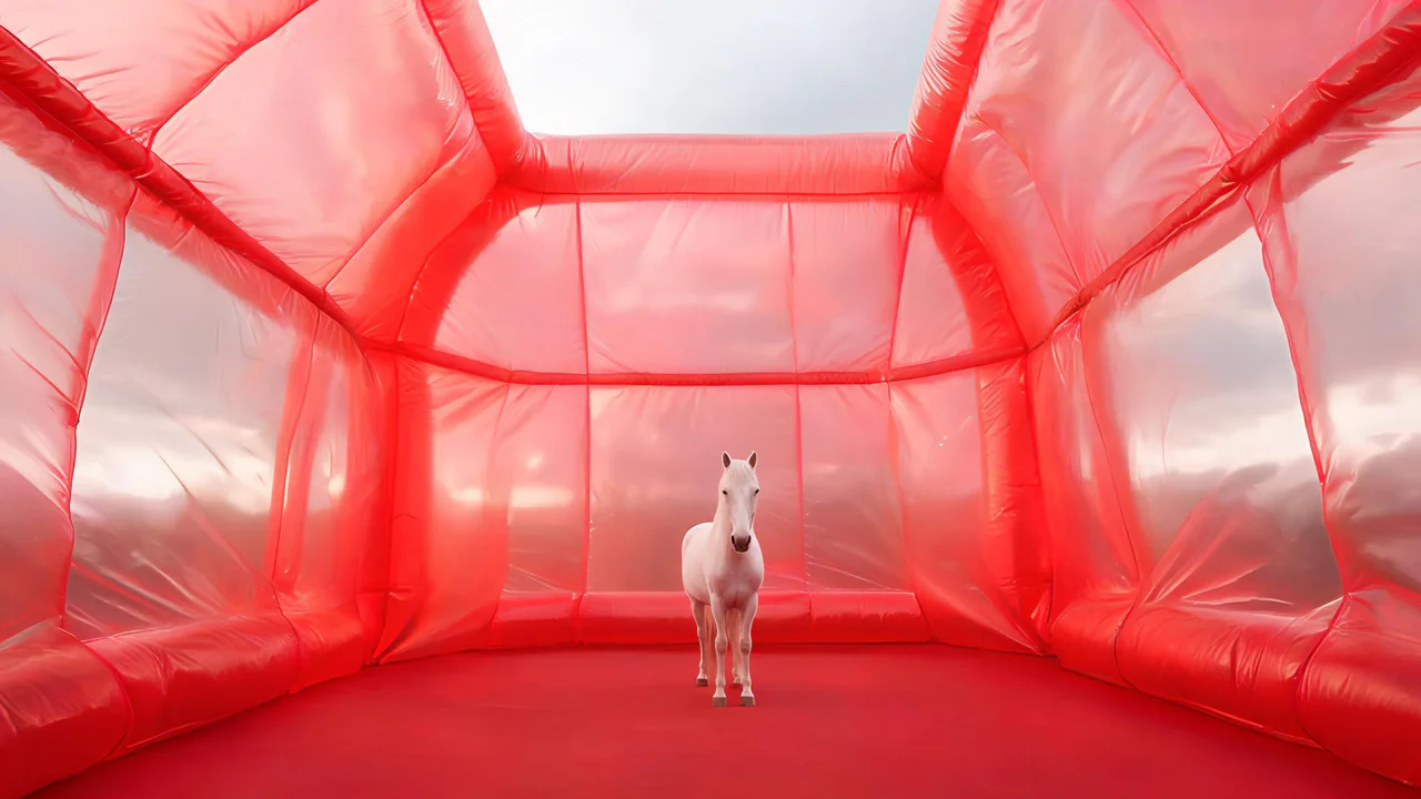 A tiny white horse inside a huge cherry-red inflatable room, made with Seedream 5.0 Lite