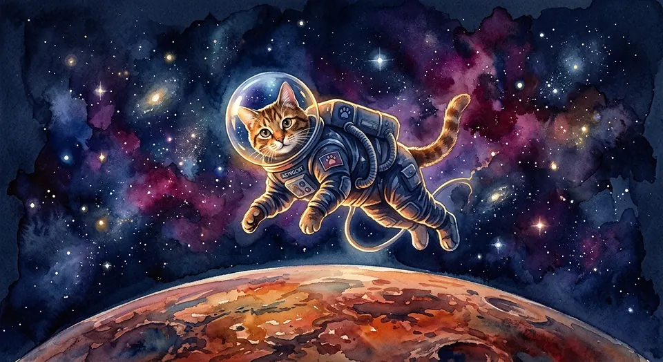 Cat astronaut floating above mars, watercolor style